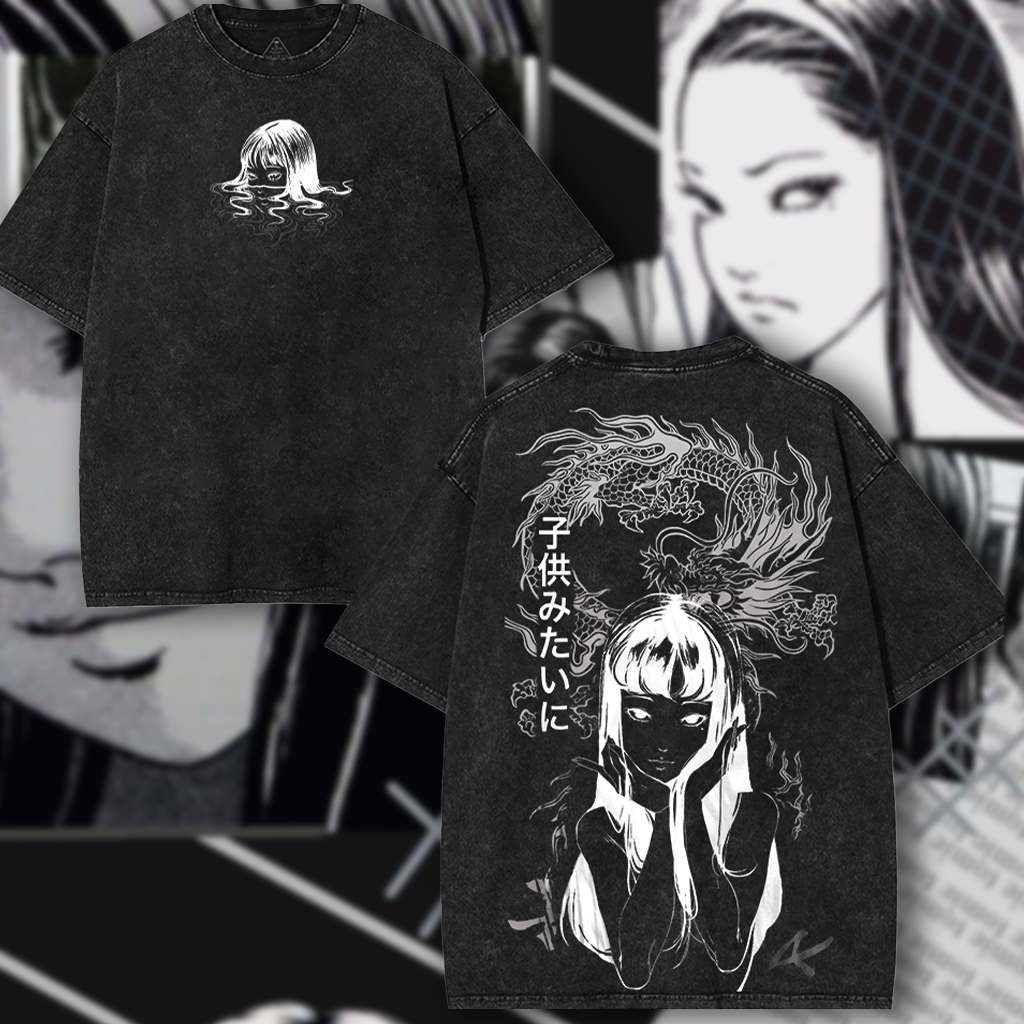 Junji Ito Tomie Anime Graphic Tee Oversized Acid Washed Unisex T-Shirts