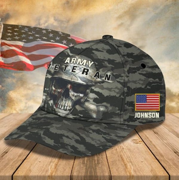 Personalized Skull Army Classic Cap for Veteran, Custom Name Army Veteran Hat for Men, Husband, Dad