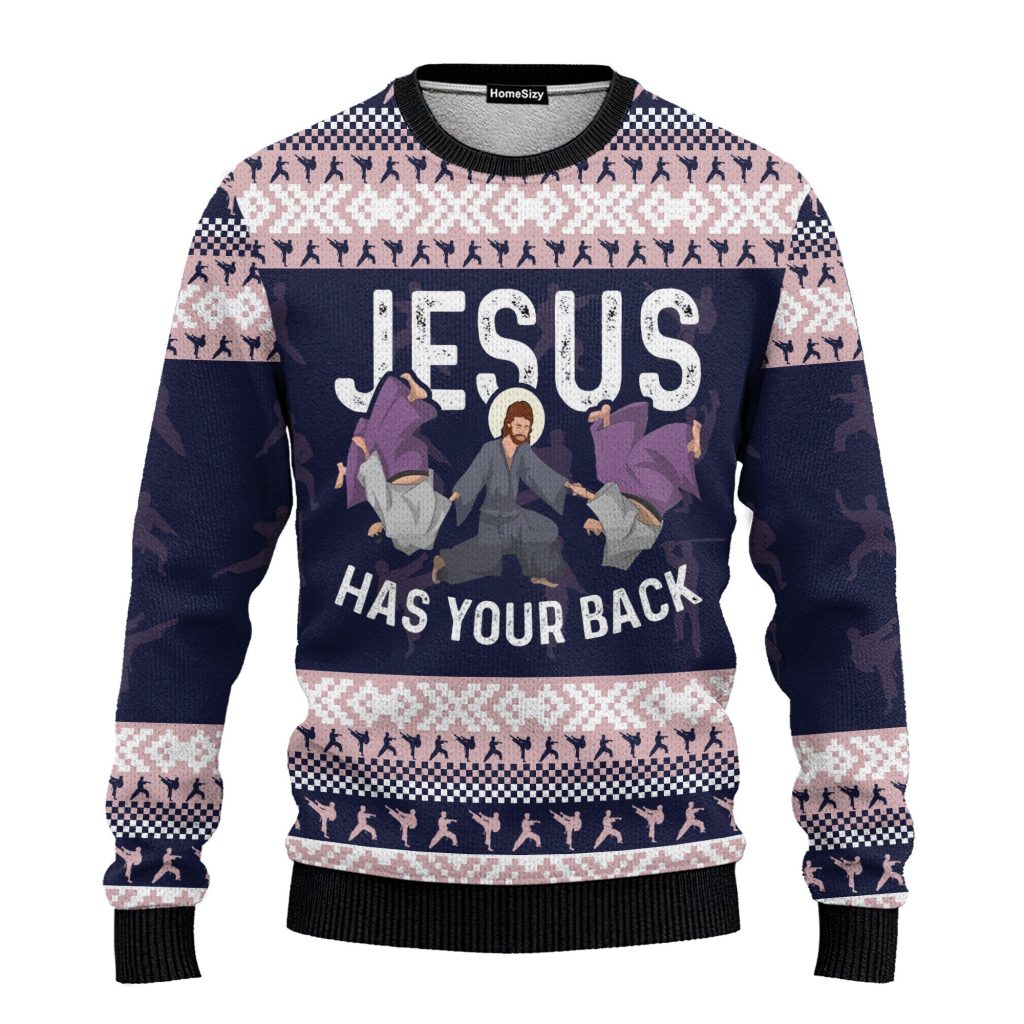 Funny Jesus Has Your Back Jiu Jitsu Ugly Christmas Sweater