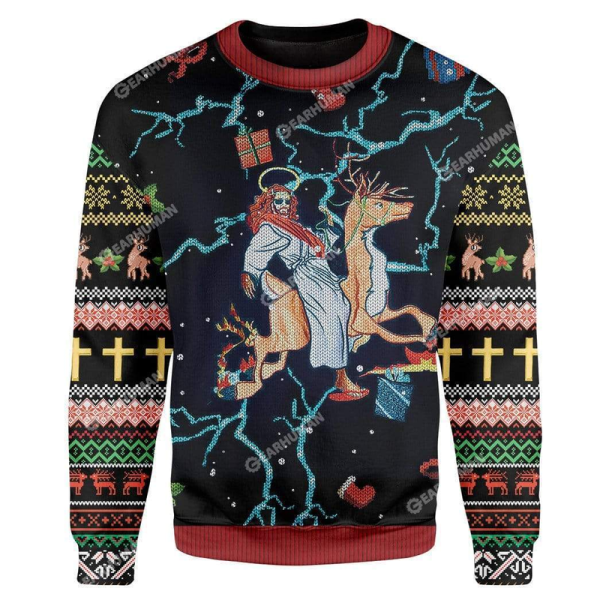 Jesus Riding Reindeer Black Christmas Ugly Christmas Sweater