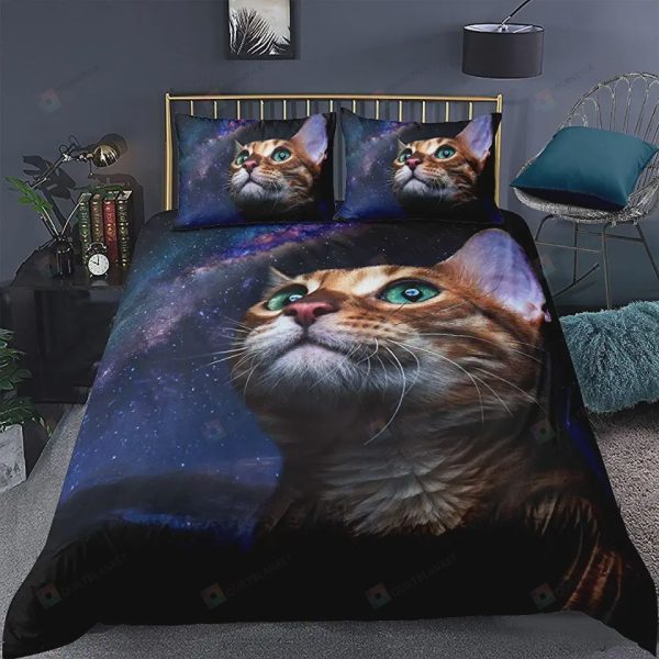 Cat And Galaxy Sky Pattern Bedding Set Bed Sheets Spread Comforter Duvet Cover Bedding Sets