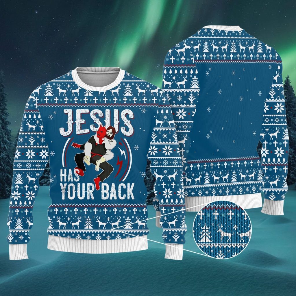 Jesus Has Your Back Jiu Jitsu Ugly Christmas Sweater  Adult  US1550