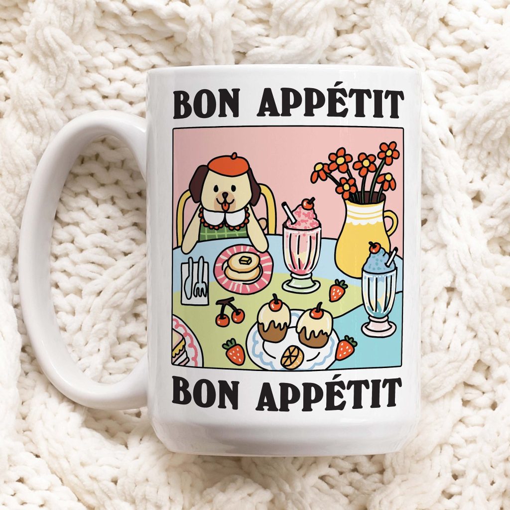 Dog Lover Gift: Cafe Dog Bon Appetit Coffee Mug Colorful & Aesthetic Ceramic Cup – Perfect Self Care Retro Quote Pink Gift Idea