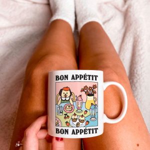 Dog Lover Gift: Cafe Dog Bon Appetit Coffee Mug Colorful & Aesthetic Ceramic Cup – Perfect Self Care Retro Quote Pink Gift Idea