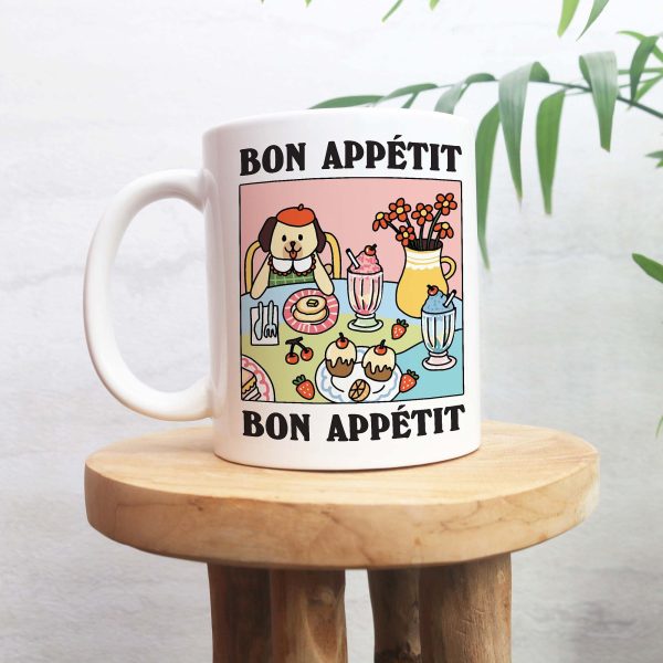 Dog Lover Gift: Cafe Dog Bon Appetit Coffee Mug Colorful & Aesthetic Ceramic Cup – Perfect Self Care Retro Quote Pink Gift Idea