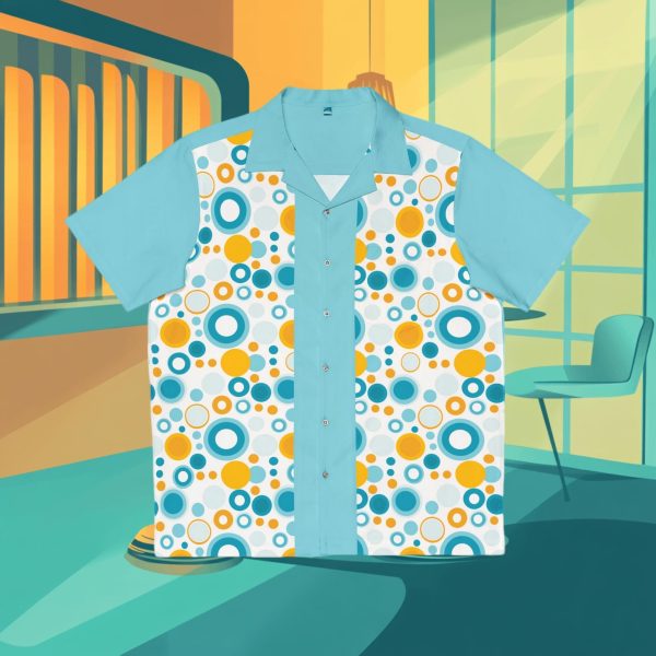 Circles and Bubbly Vibrant Yellow and Baby Blue Retro Bowling Style Hawaiian Button-up Shirt Vintage-Inspired 1950s 1960s style, Rockabilly