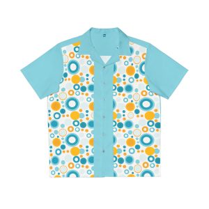 Circles and Bubbly Vibrant Yellow and Baby Blue Retro Bowling Style Hawaiian Button-up Shirt Vintage-Inspired 1950s 1960s style, Rockabilly 3