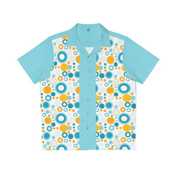 Circles and Bubbly Vibrant Yellow and Baby Blue Retro Bowling Style Hawaiian Button-up Shirt Vintage-Inspired 1950s 1960s style, Rockabilly