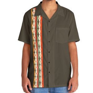 Retro Vintage-inspired Men’s Bowling Shirt, 1950s/60s style, Hawaiian Shirt Button-up in Black, Atomic Starburst Strip