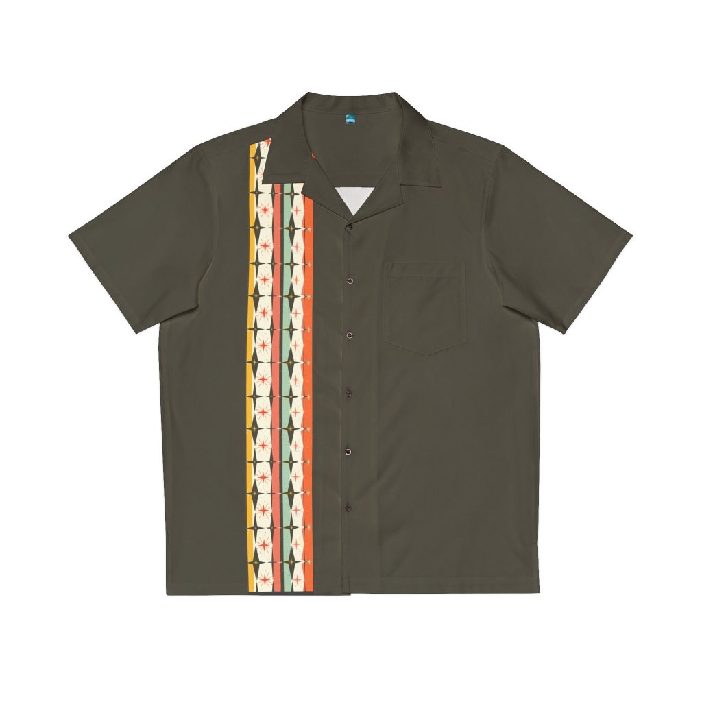 Retro Vintage-inspired Men’s Bowling Shirt, 1950s/60s style, Hawaiian Shirt Button-up in Black, Atomic Starburst Strip