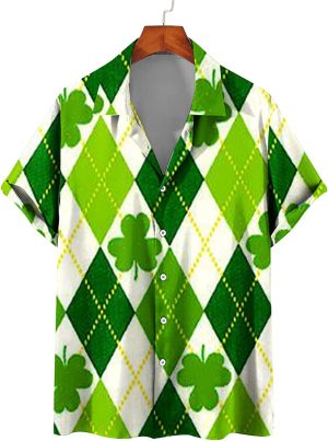 St.Patricks Day Hawaiian Bowling Shirts for Men Short Sleeve Shamrock Printed Beach Casual Aloha Shirt Clover Printed Shirt