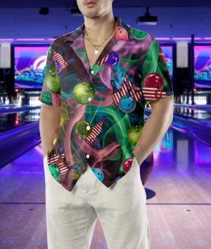 Rainbow Smoke And American Flag Bowling Hawaiian Shirt, Best Bowling Shirt For Men And Women 3