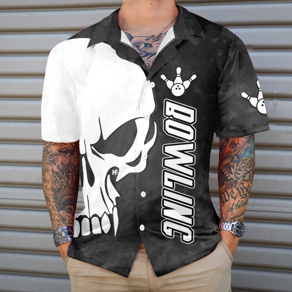 Skull Bowling Hawaiian Shirt, Black And White Bowling Shirt, Best Gift For Bowling Players