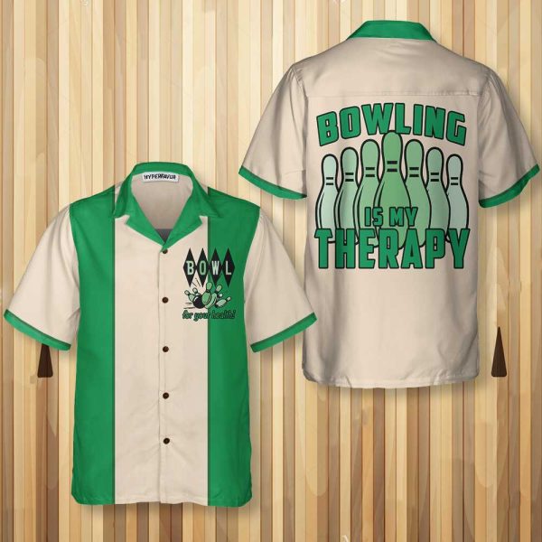 Bowling Is My Therapy Hawaiian Shirt, Green And White Bowling Shirt, Best Gift For Bowling Players