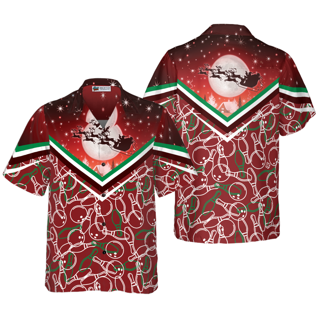 Hyperfavor Christmas Hawaiian Shirts, Christmas Night With Bowling Pattern Shirt Short Sleeve, Christmas Shirt Idea Gift For Men And Women