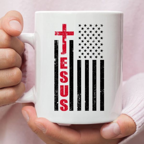 Jesus Word Cross, American Flag, Patriotic Christian Coffee Mug