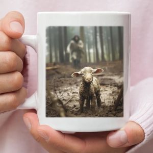 Jesus Running After a Lost Lamb, Jesus and Lamb Picture, Coffee Mug (Without Text)