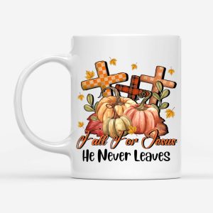 Fall for Jesus He Never Leaves Pumpkin Cross Coffee Mug