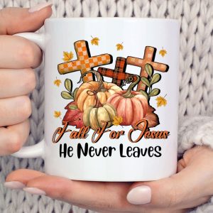 Fall for Jesus He Never Leaves Pumpkin Cross Coffee Mug