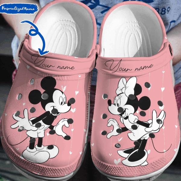 Personalized Sweet Couple Mickey And Minnie Mouse Pink Classic Clogs