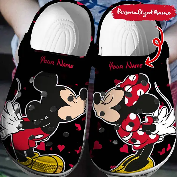 Custom Name Lovely Kiss Mickey And Minnie Mouse Black Clogs For Men Women Custom Name Lovely Kiss Mickey And Minnie Mouse Black Clogs For Men Women