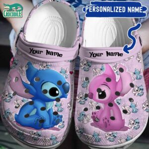 Custom Name Love Eyes Stitch And Angel  Light Purple Clogs For Kids & Adults
