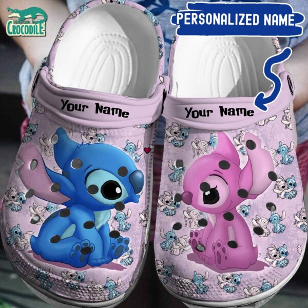 Custom Name Love Eyes Stitch And Angel  Light Purple Clogs For Kids & Adults
