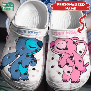 Custom Name Little Love Stitch And Angel White With Pink Hearts Clogs For Kids & Adults