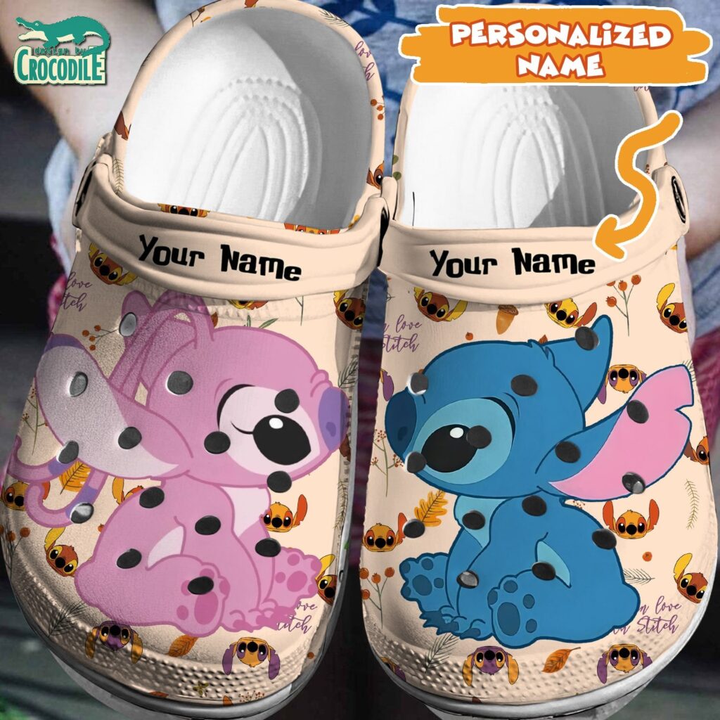 Custom Name Love Eyes Stitch And Angel Beigi With Stitch Icon Clogs For Kids & Adults Custom Name Love Eyes Stitch And Angel Beigi With Stitch Icon Clogs For Kids & Adults