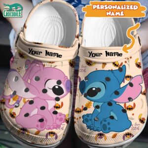 Custom Name Love Eyes Stitch And Angel Beigi With Stitch Icon Clogs For Kids & Adults
