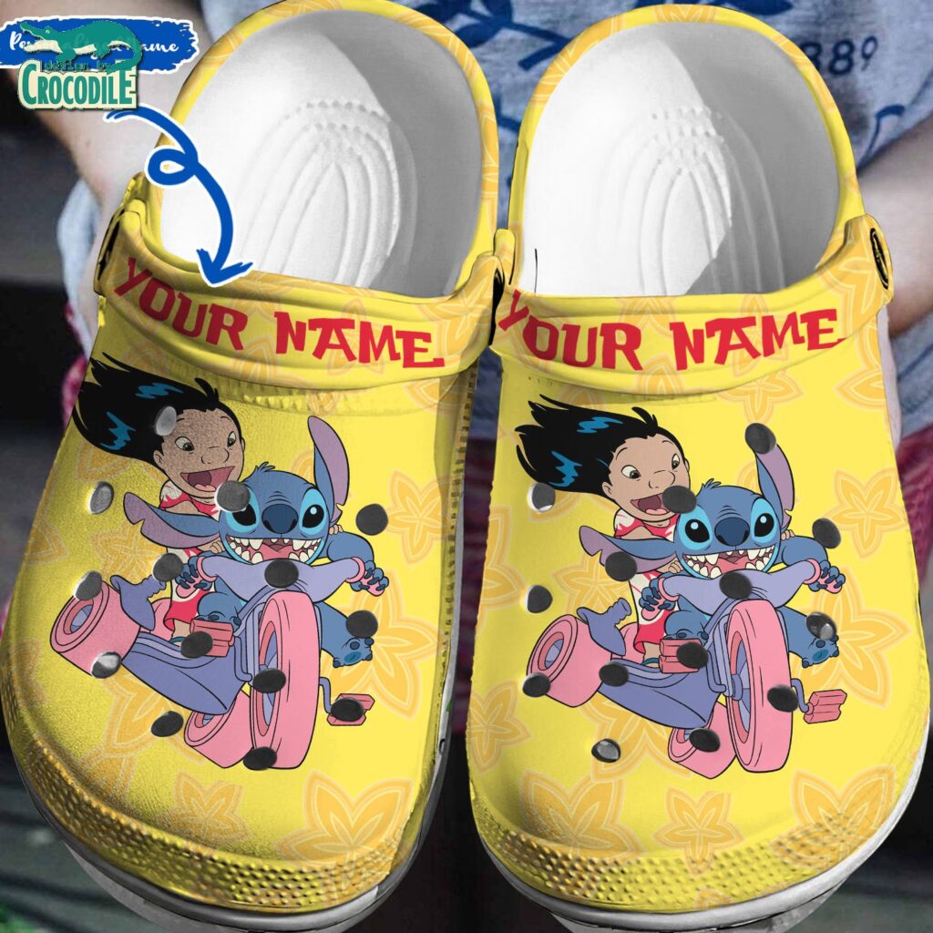 Custom Name Lilo And Stitch Ride A Tricycle Yellow With Flower Clogs For Kids & Adults Custom Name Lilo And Stitch Ride A Tricycle Yellow With Flower Clogs For Kids & Adults