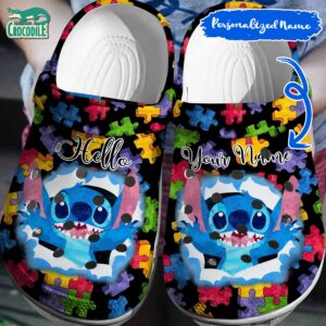 Custom Name Play Hide And Seek Stitch Drawing With Puzzle Peace Clogs For Kids & Adults