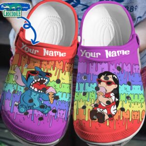 Custom Name Loli And Stitch Eat Ice Cream Rainbown Painting Clogs For Kids & Adults