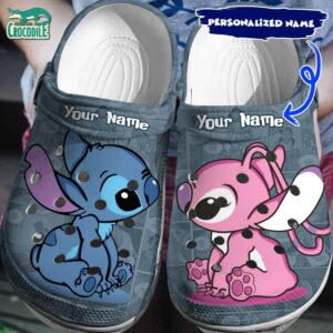 Custom Name Love Eyes Stitch And Angle  Gray Witch Comic Pattern Clogs For Kids & Adults