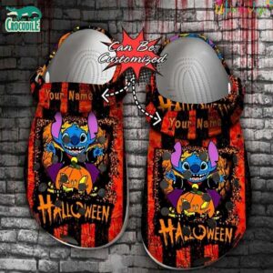 Custom Name Happy Halloween Stitch Red and Black Clogs For Kids & Adults