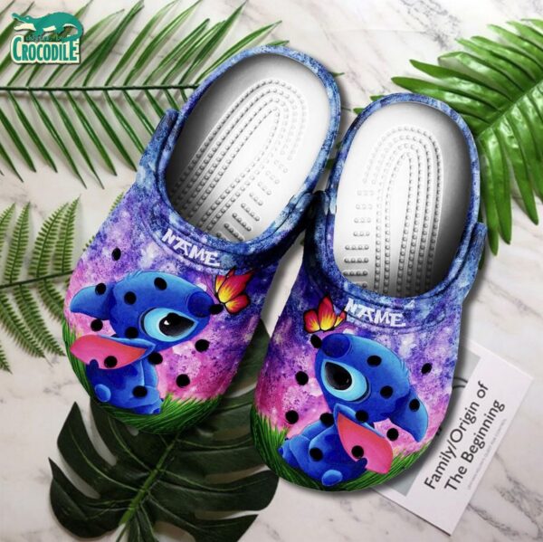 Custom Name Stitch And Little Butterfly Galaxy Clogs For Kids & Adults