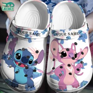 Custom Name Happy Stitch And Angel White Clogs For Kids & Adults