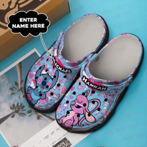Custome Name Heart Eyes Stitch And Angel Blue Clogs For Kids & Adults