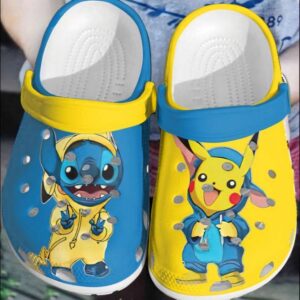 Stitch And Pikachu Cosplay Eachother Blue And Yellow Clogs For Kids & Adults