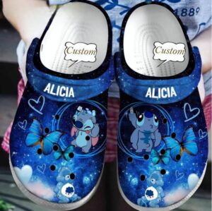 Custome Name Stitch And Blue Butterfly Clogs For Kids & Adults