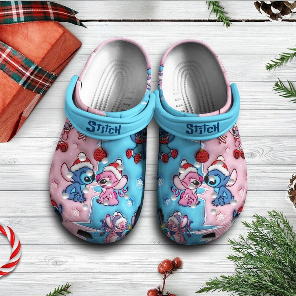 Cute Love Stitch And Angel Wear Christmas Hat Blue Pink Clogs For Kids & Adults Cute Love Stitch And Angel Wear Christmas Hat Blue Pink Clogs For Kids & Adults
