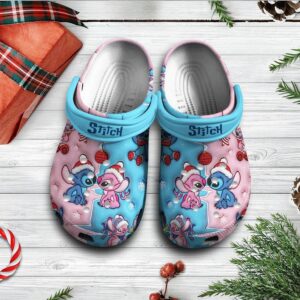 Cute Love Stitch And Angel Wear Christmas Hat Blue Pink Clogs For Kids & Adults