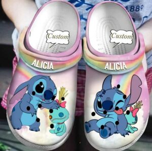 Stitch And Scrump Pink Cloud And Rainbow Clogs For Kids & Adults