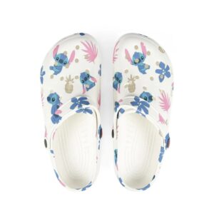 Happy Stitch White With Flower And Leaves Clogs For Kids & Adults
