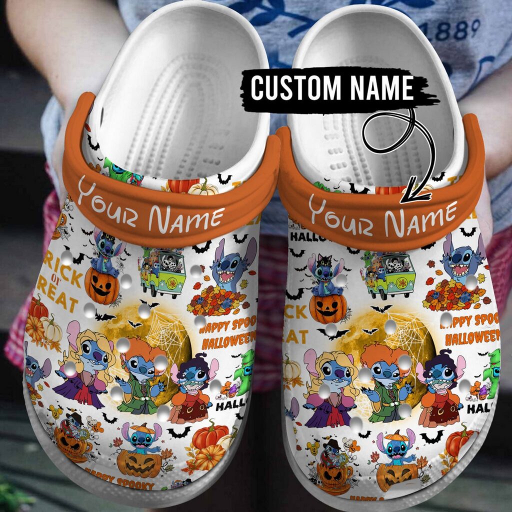 Custome Name Happy Holloween Stitch And Friends White And Orange Clogs For Kids & Adults Custome Name Happy Holloween Stitch And Friends White And Orange Clogs For Kids & Adults
