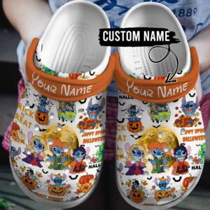 Custome Name Happy Holloween Stitch And Friends White And Orange Clogs For Kids & Adults