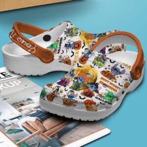 Custome Name Happy Holloween Stitch And Friends White And Orange Clogs For Kids & Adults