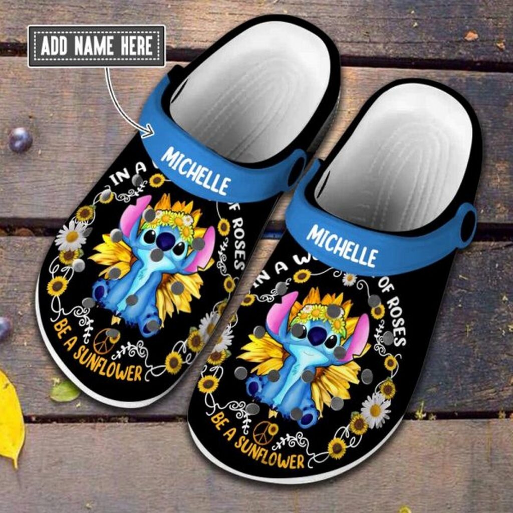 Custome Name Stitch And Sunflower Black Clogs For Kids & Adults Custome Name Stitch And Sunflower Black Clogs For Kids & Adults