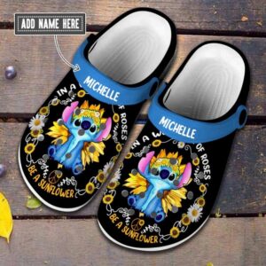 Custome Name Stitch And Sunflower Black Clogs For Kids & Adults