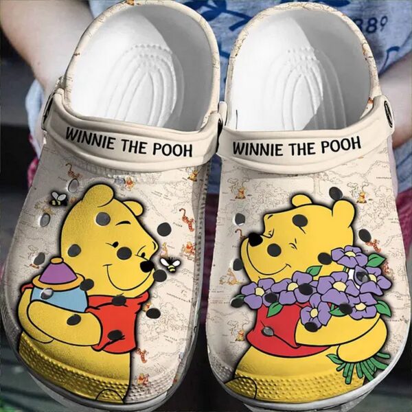 Playful Winnie The Pooh Light Pink Clogs for Kids and Adults – Flower and Honey Design